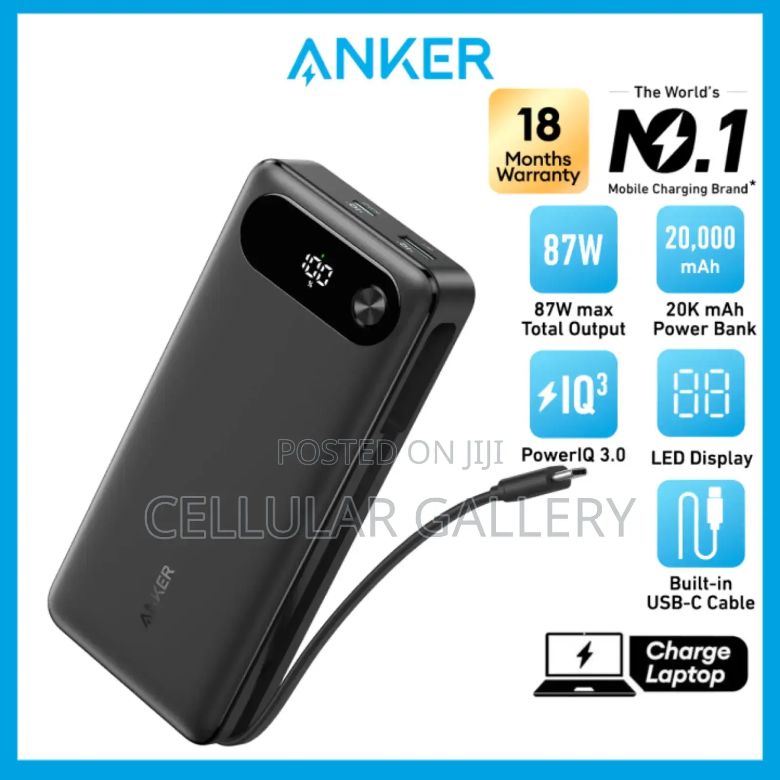 Anker Laptop/Phone Power Bank(, 87w, Built-in Usb-C Cable)