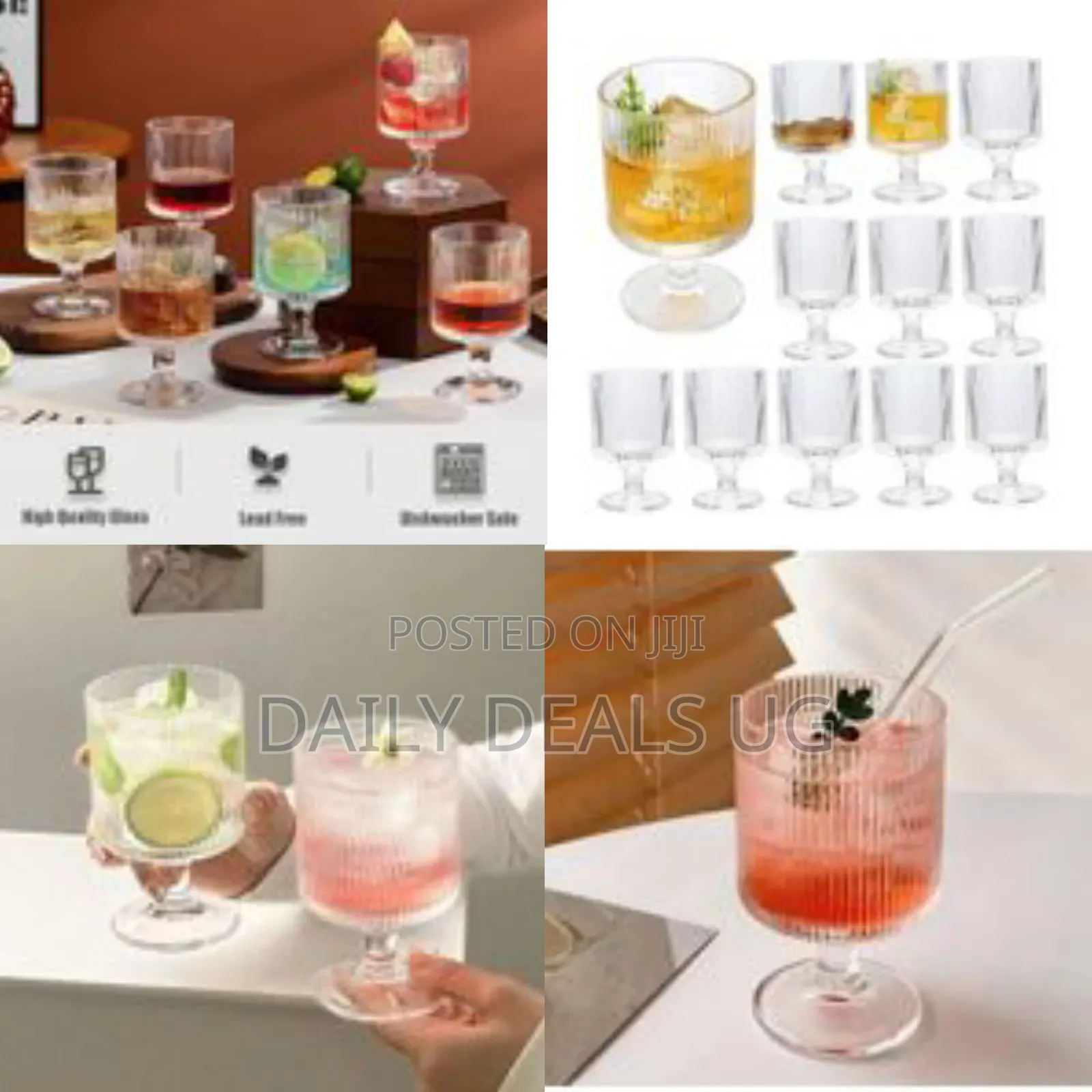 Set of 6 Ribbed Glasses All Purpose Water Goblet Cups 250ml Drinking