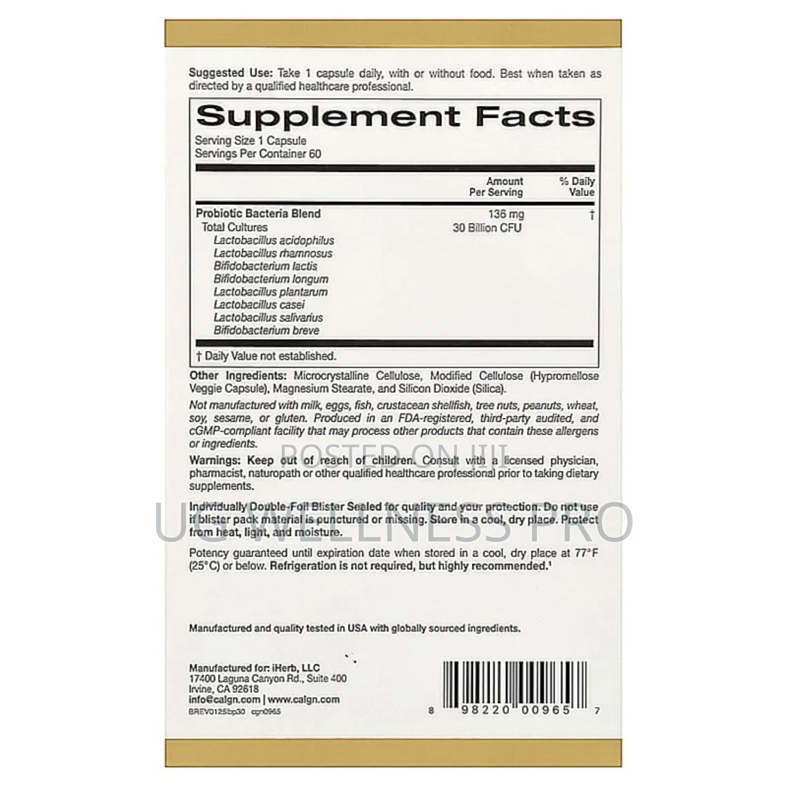 California Gold Nutrition, Lactobif 30 Probiotics, 30 Billion Cfu, 60s