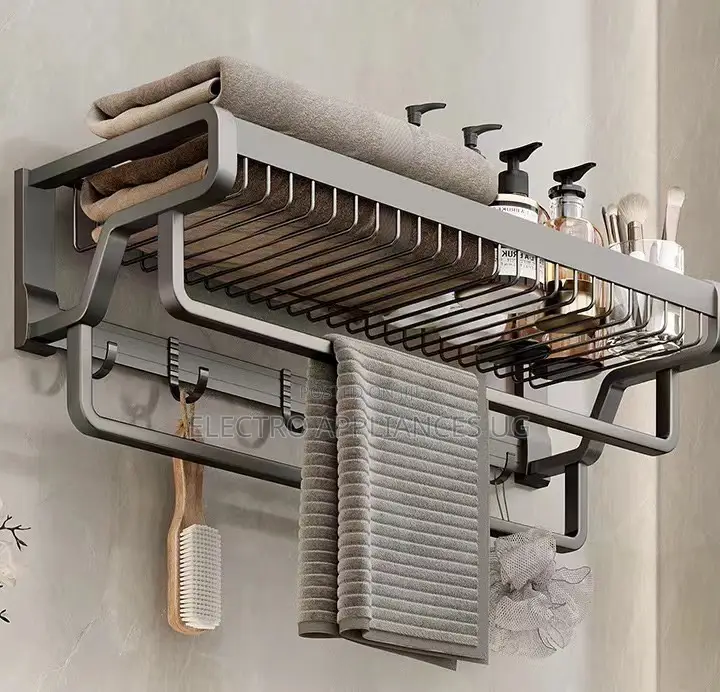 Wall-Mounted Bathroom Towel Rack With a Shelf, Towel Bar, and Hooks
