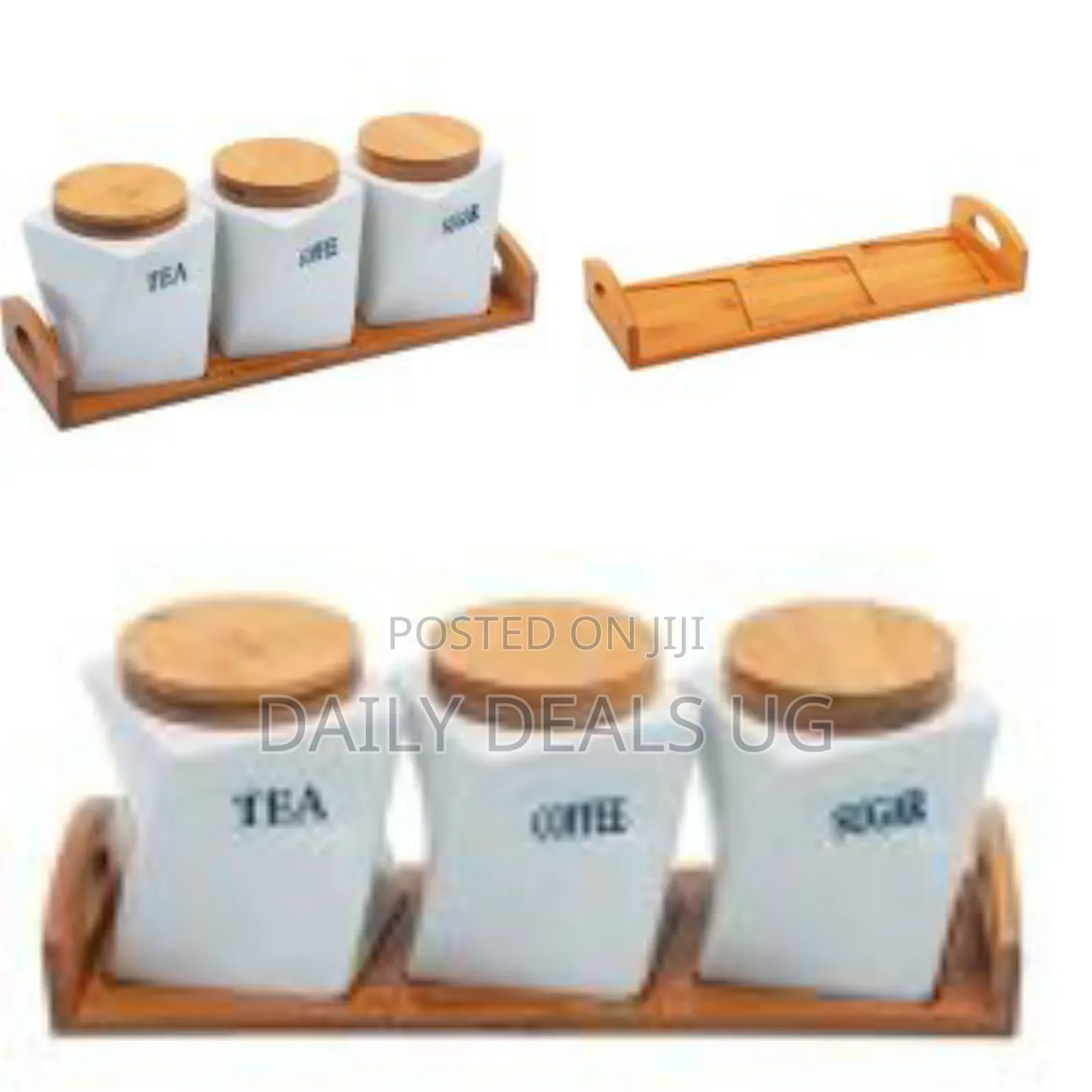Ceramic Twisted Tea Coffee Sugar 3 Canisters Set With Wooden Wavey