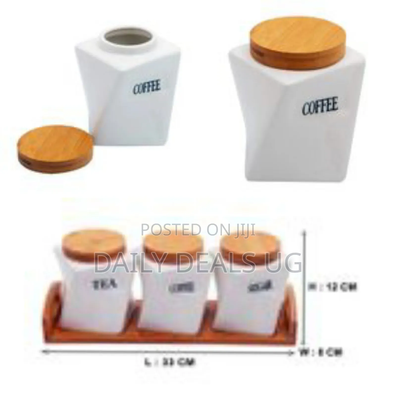 Ceramic Twisted Tea Coffee Sugar 3 Canisters Set With Wooden Wavey