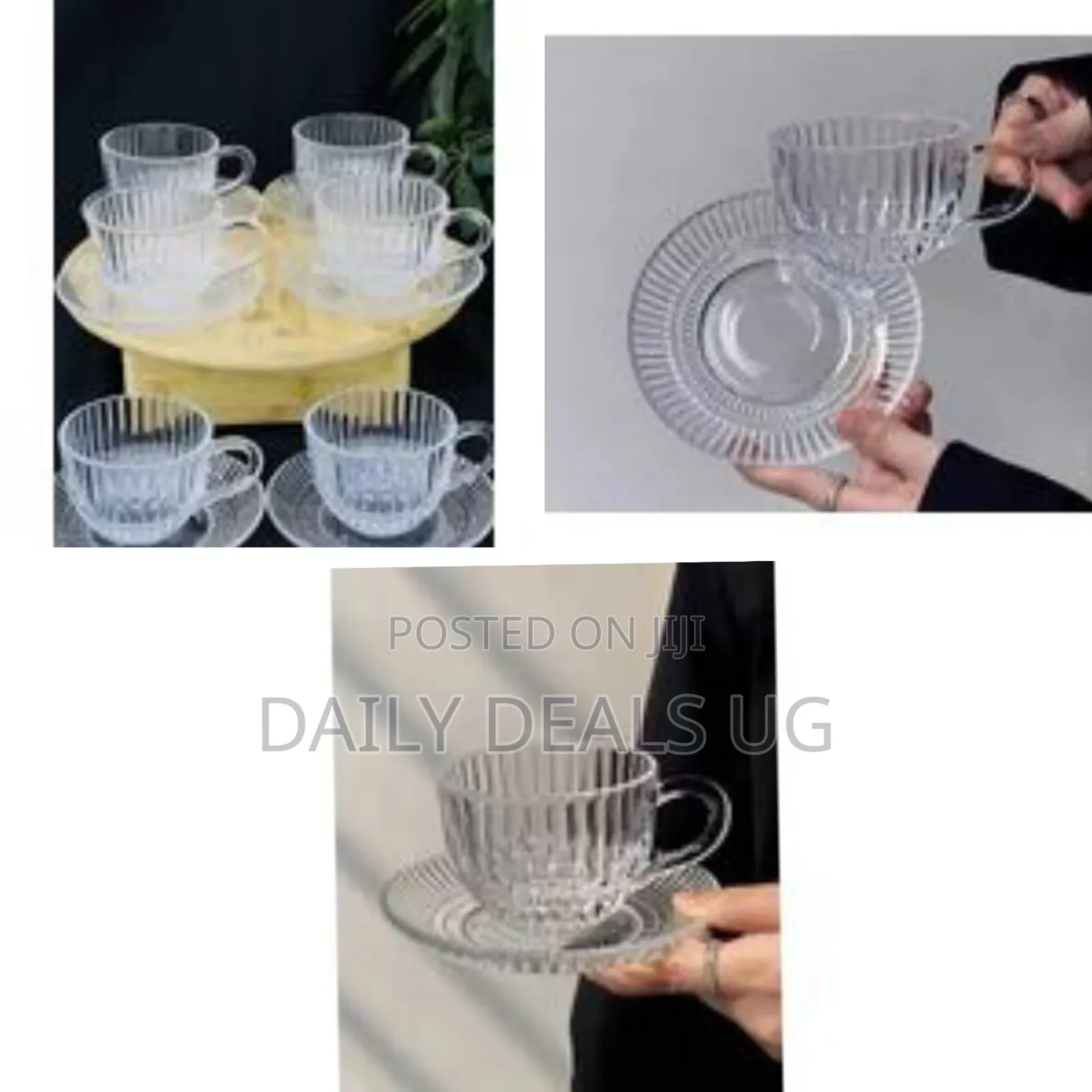 6 Pieces of Clear Ribbed Glass Tea Cups and Saucers Sets Coffee Mugs
