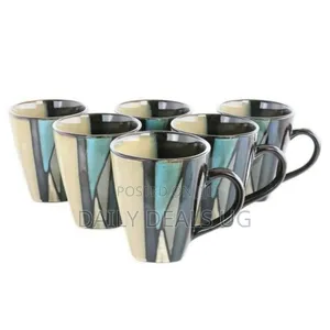 6 Pieces of Ceramic Blue Lined Square Coffee Tea Cups Drinking Mugs