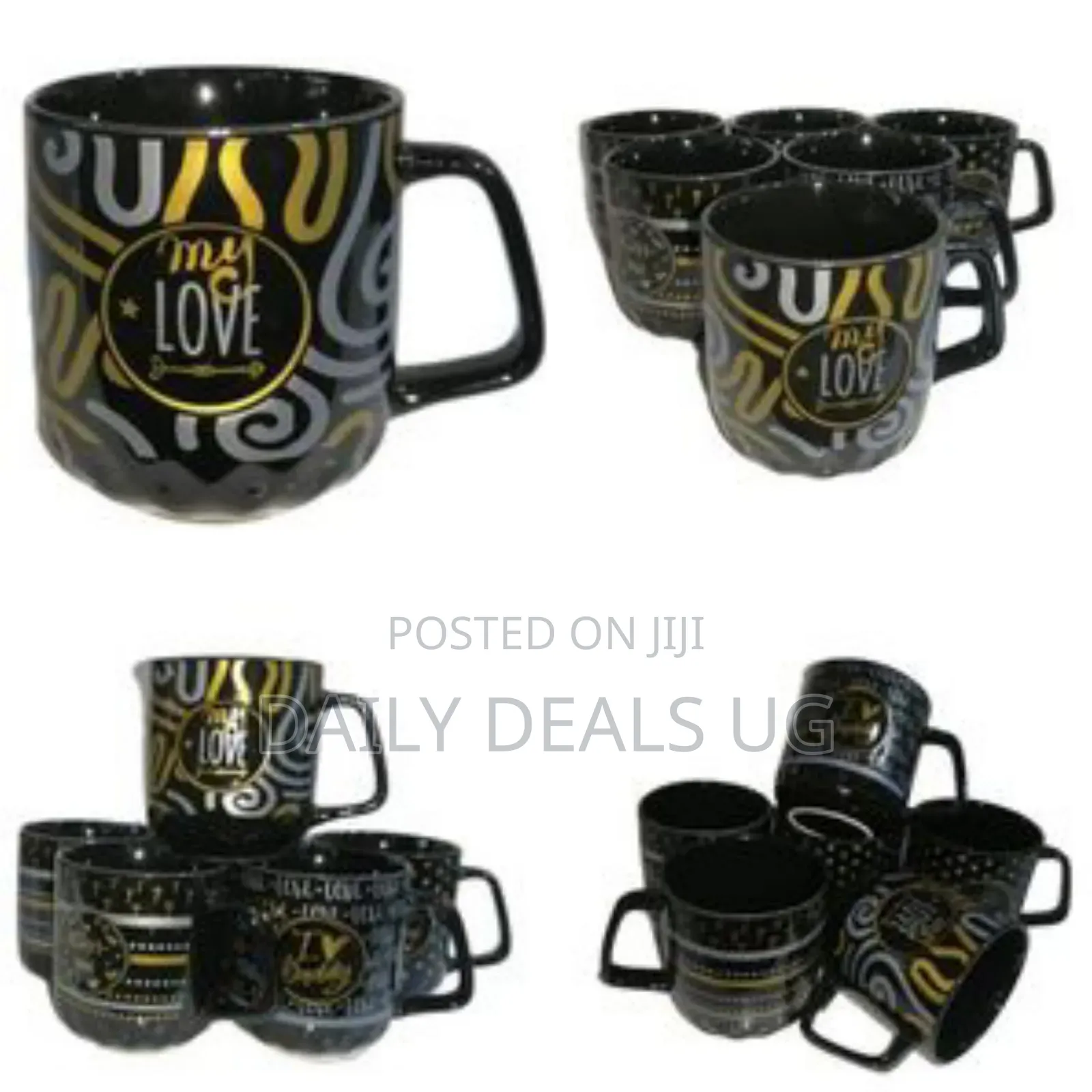 6 Pieces of Silver and Gold Printed Coffee Tea Cups Mugs- Black