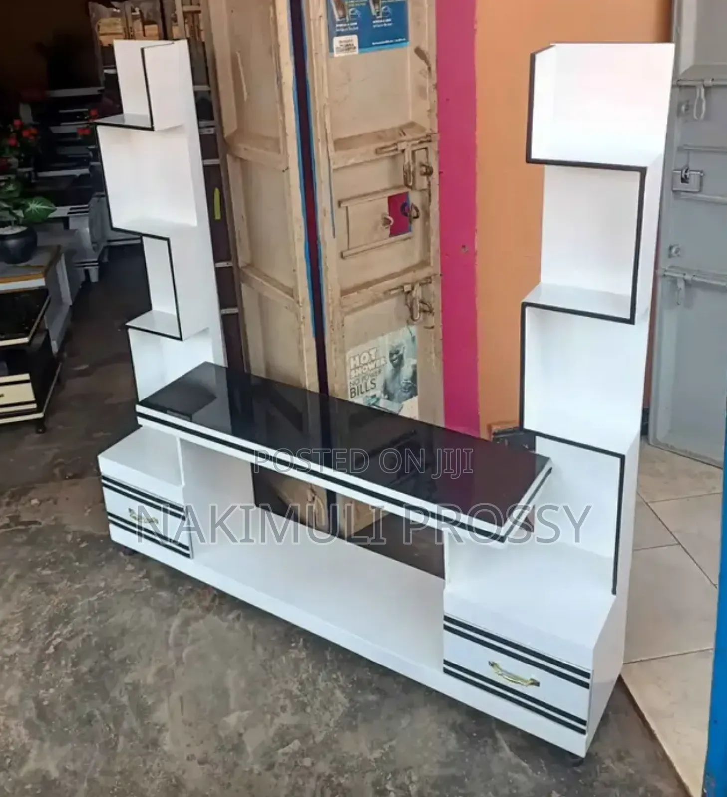 White Double Ariel Tv Stand With Black Lines