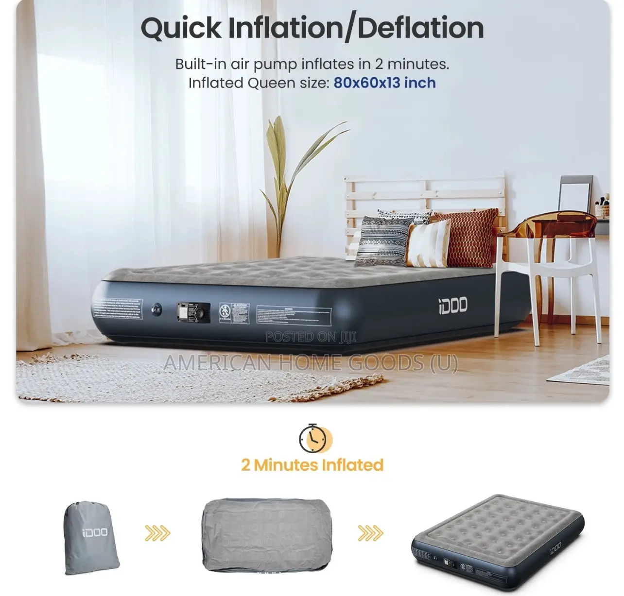 Idoo Queen Size Air Mattress, Inflatable Airbed With Built-in Pump,