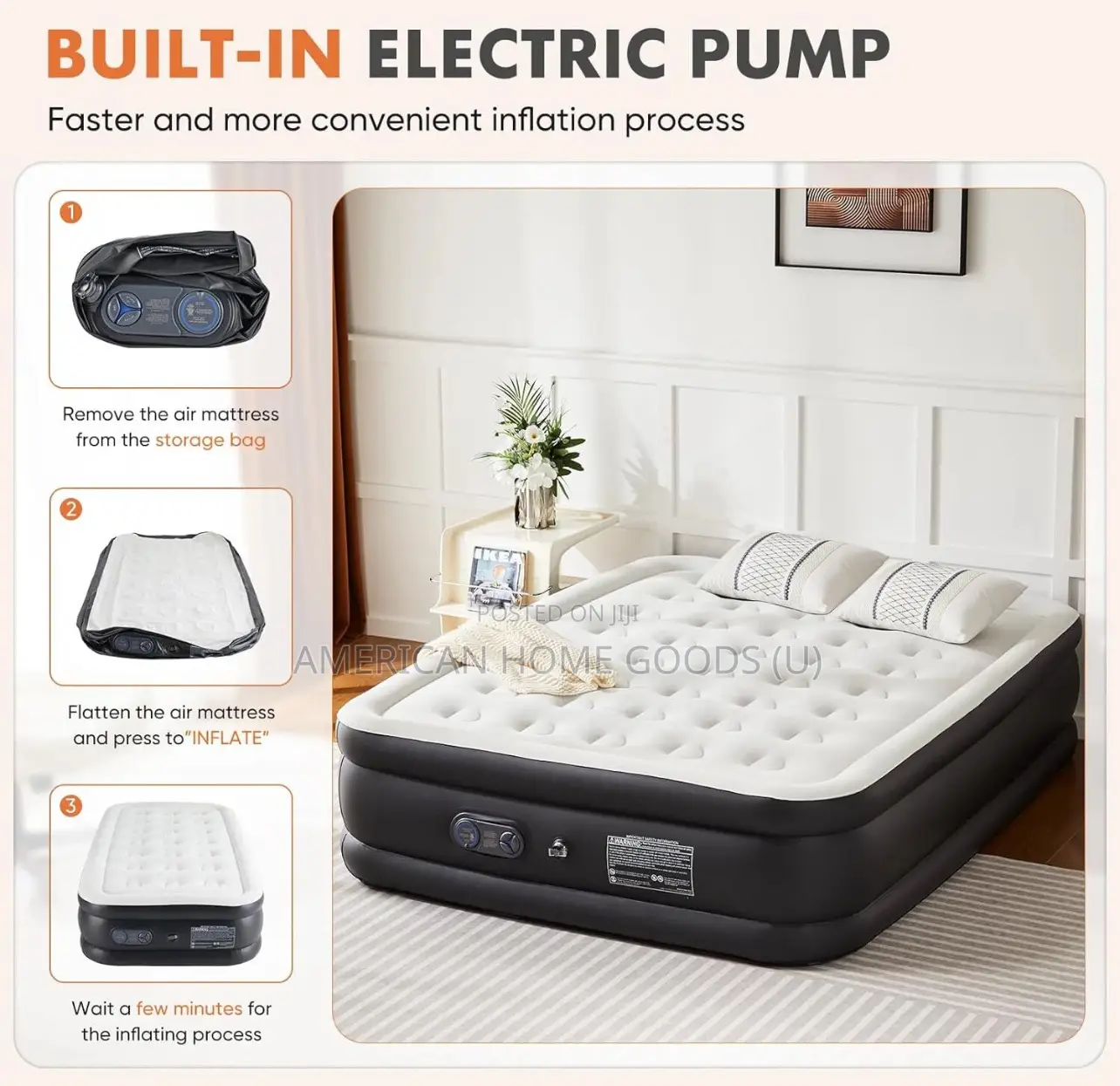 Idoo Queen Size Air Mattress, Inflatable Airbed With Built-in Pump,