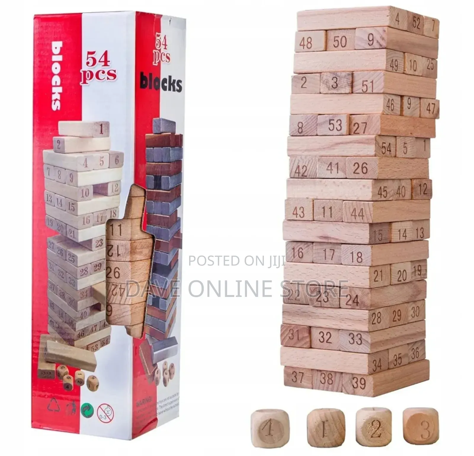 54pcs Wooden Jenga Blocks With 4 PCS Dices, Stacking Tower Game