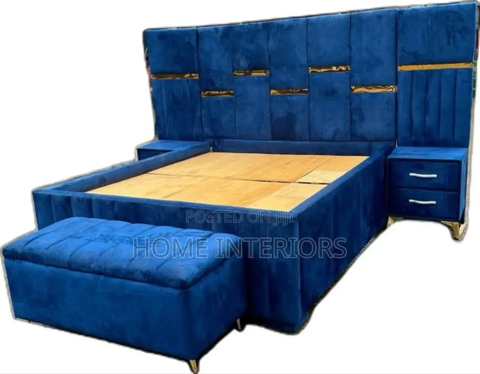 A Navy Blue Bed With a Automan