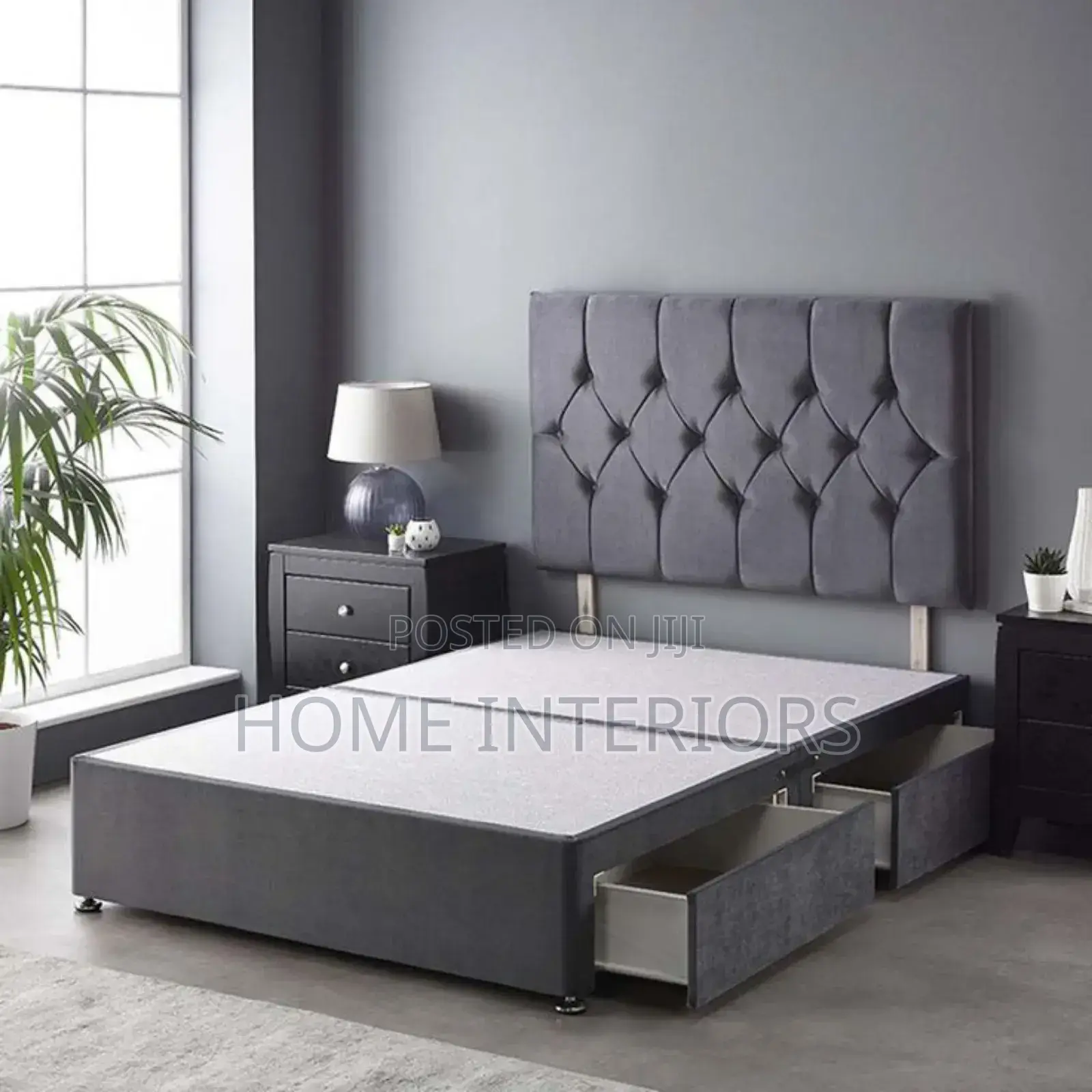 A Bed in Gray  With Two Storage Drawers