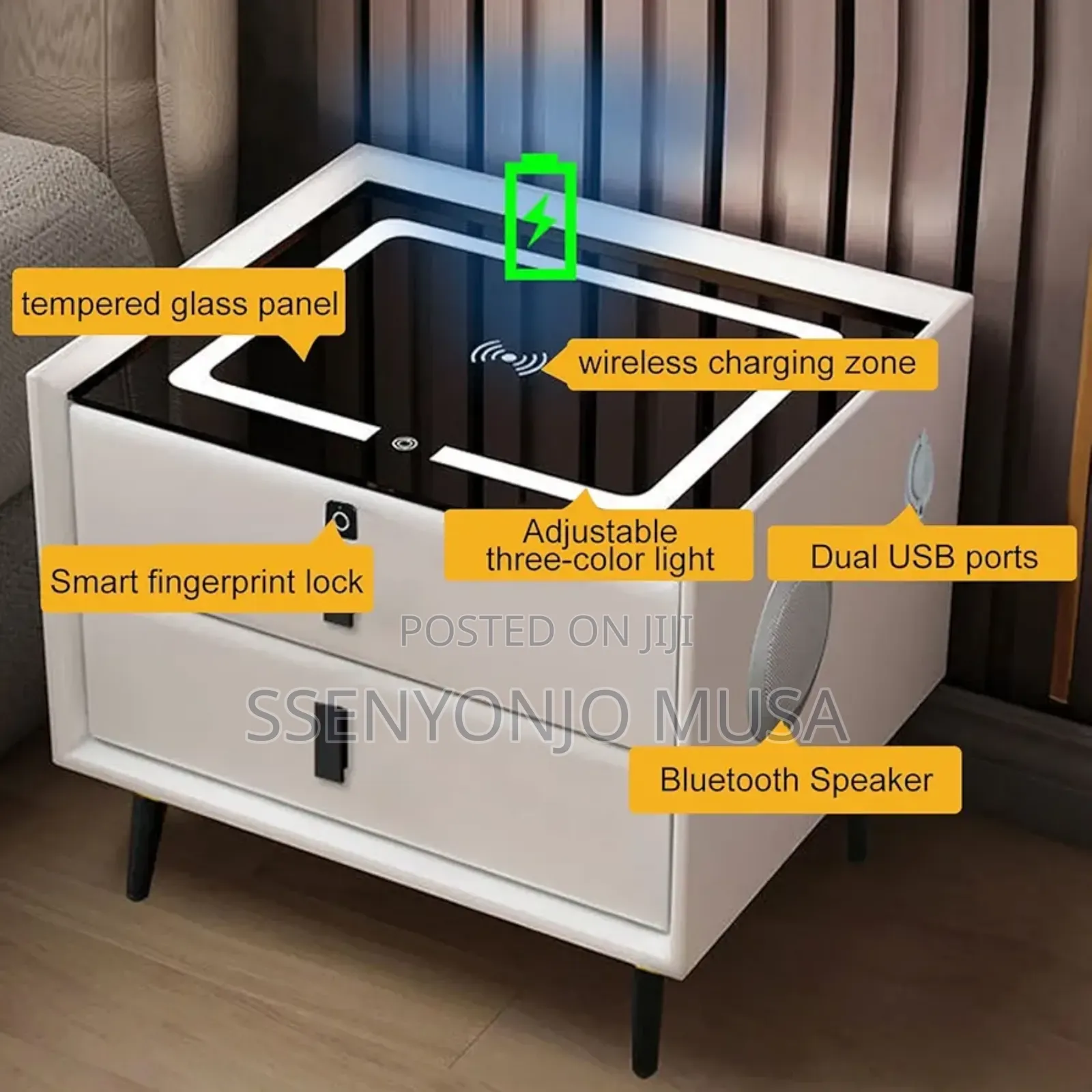 Smart Led Bedside Table With Wireless Charging, Bluetooth Speaker