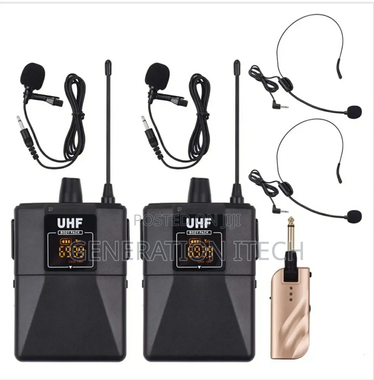 Double Wireless Microphone With Collar And Head Microphone.
