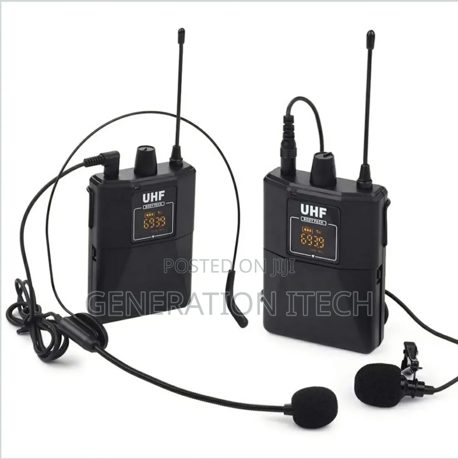 Double Wireless Microphone With Collar And Head Microphone.