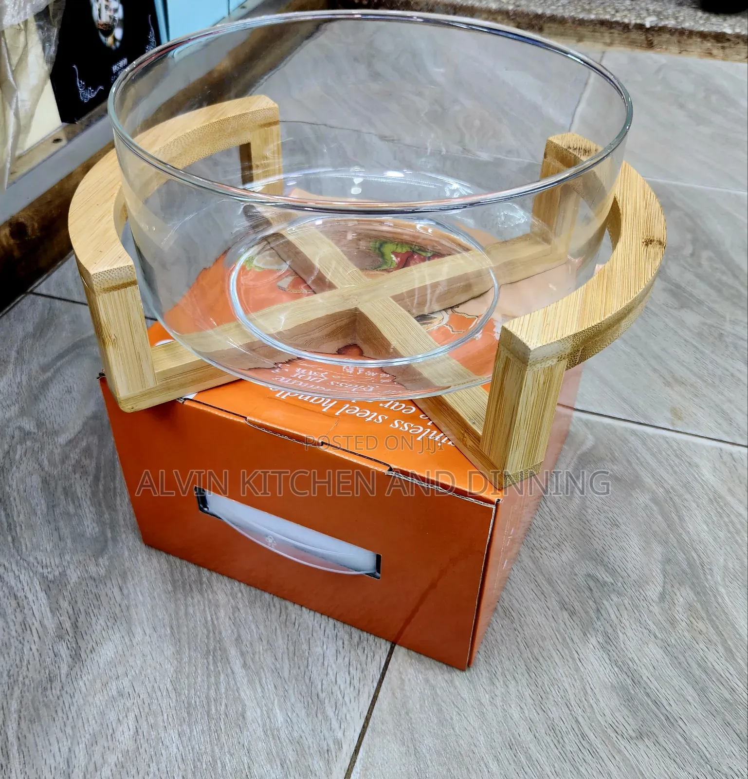 Glass Salad Bowl With Wooden Stand.