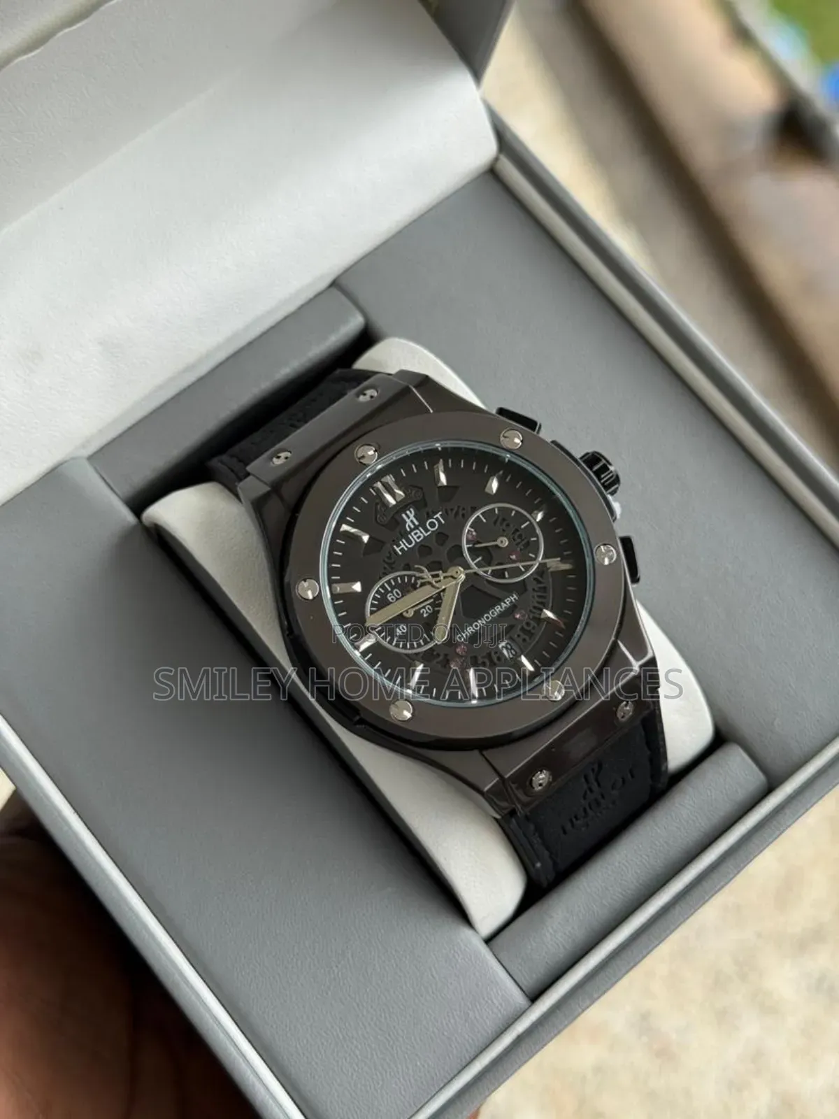 Blacked Out Leather Strapped Men's Original Hublot Wrist Analog Watch