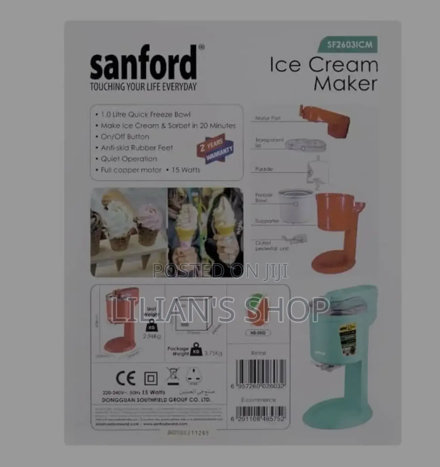 Sanford Ice Cream Maker, 1000ml Bowl, 15w,
