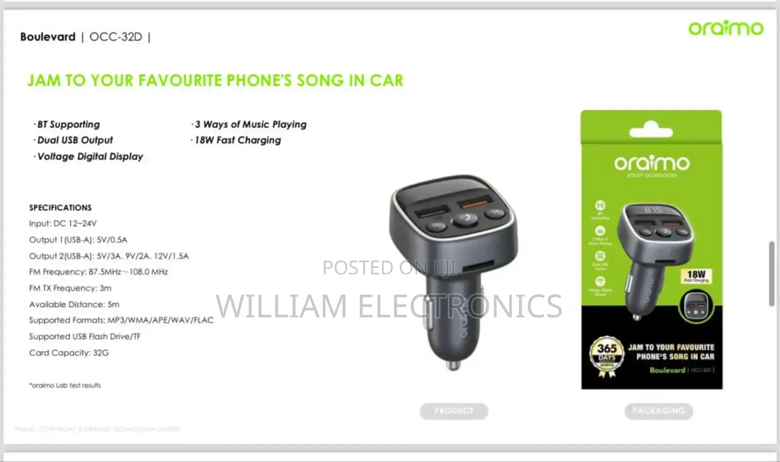 Oraimo Car Bluetooth Charger 18w