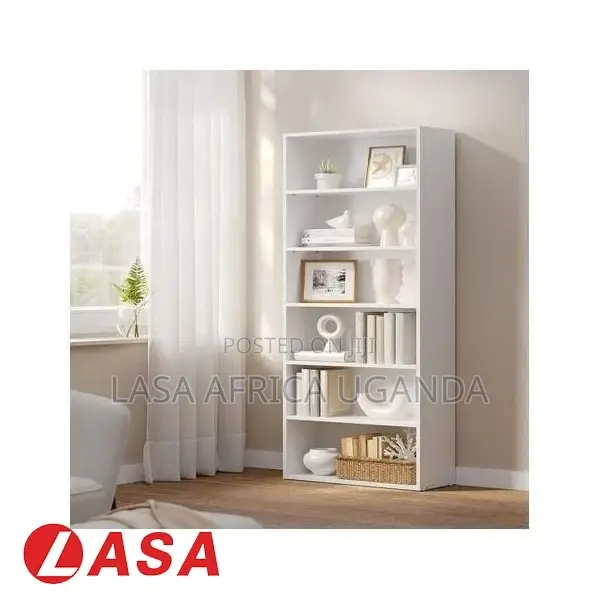 6-Shelf Bookcase – White Wooden Storage for Home