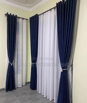 Navy Blue Curtains and Plain White Net