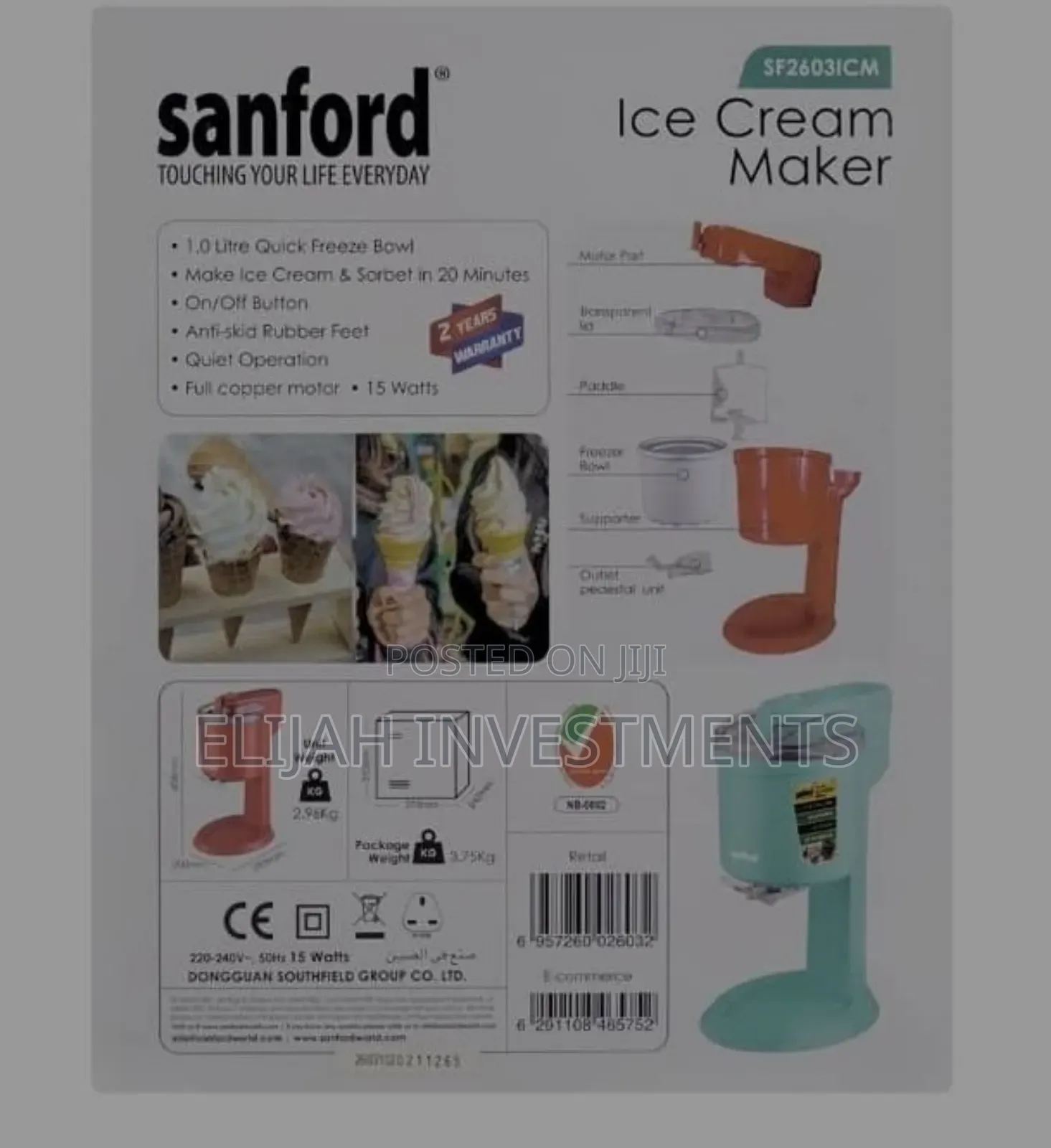 Sanford Ice Cream Maker, 1000ml Bowl, 15w,