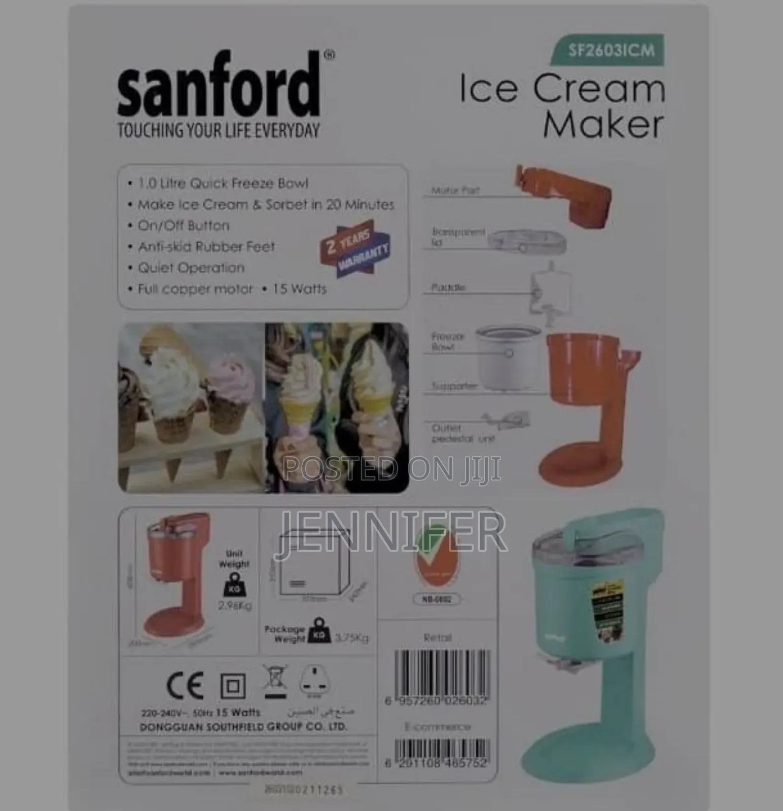Sanford Ice Cream Maker, 1000ml Bowl, 15w,