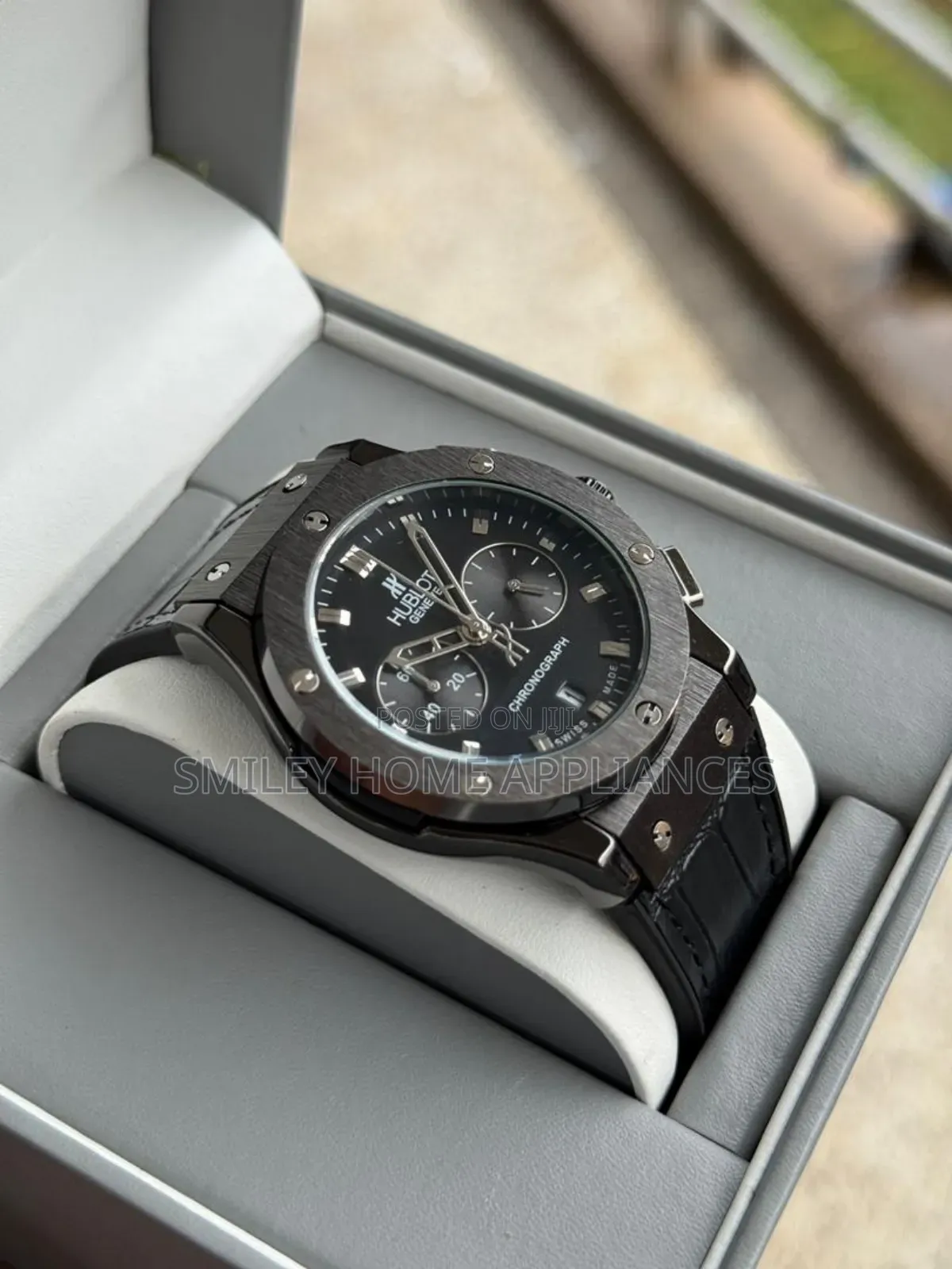 All Black Leather Strapped Men's Original Hublot Automatic Time Piece