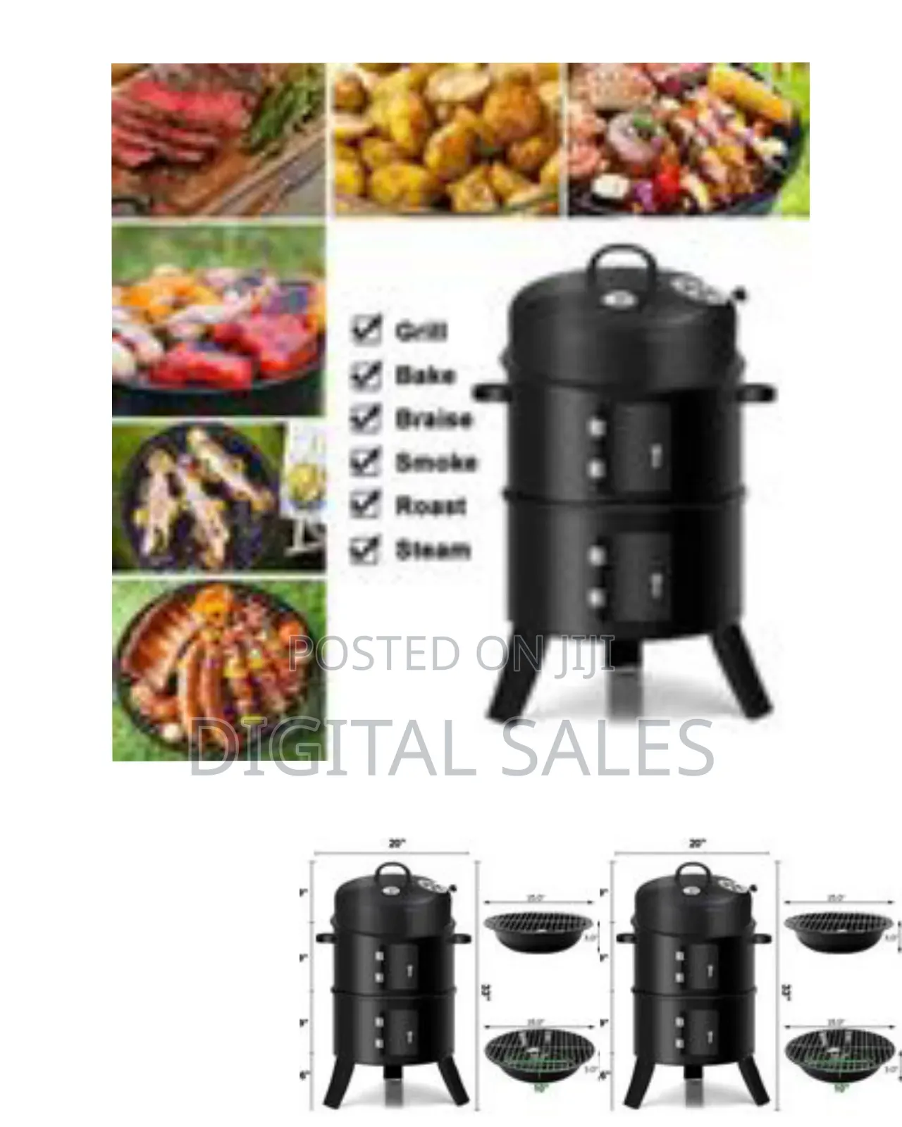 3-in-1 Charcoal Grill BBQ Smoker Barbecue Stove Oven