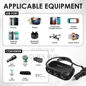 120w 3in1 Car Cigarette Lighter Splitter With Dual Usb Ports