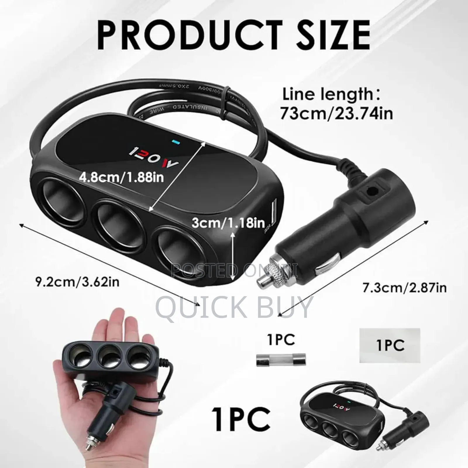 120w 3in1 Car Cigarette Lighter Splitter With Dual Usb Ports