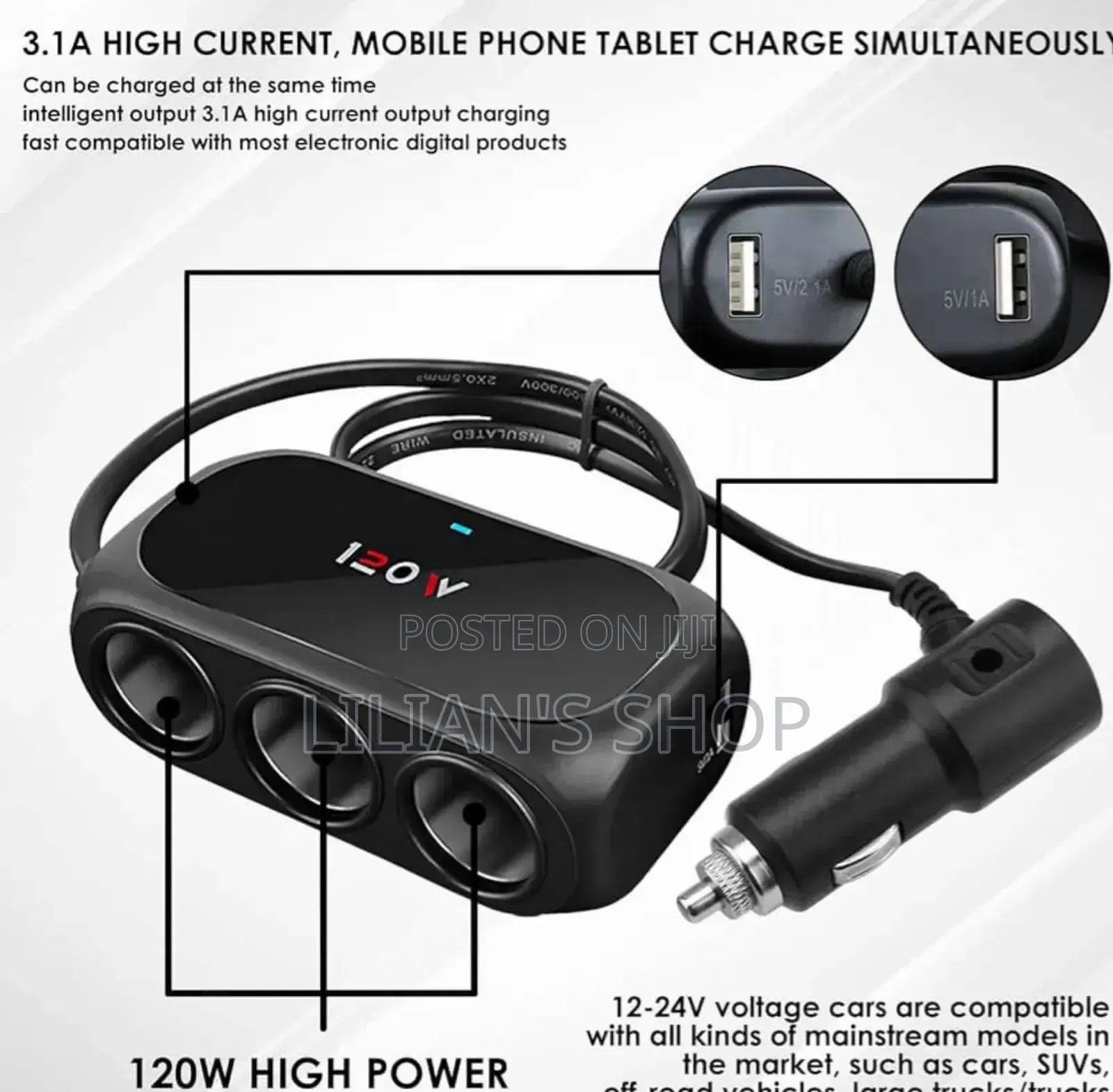 120w 3in1 Car Cigarette Lighter Splitter With Dual Usb Ports