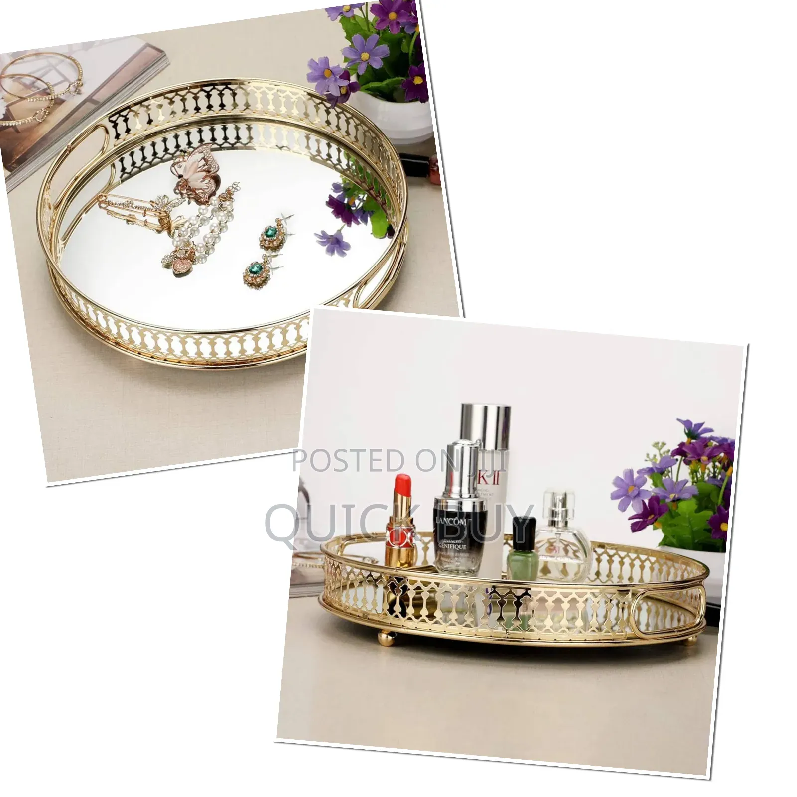 Round Metallic Gold Mirror Tray