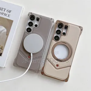 S25 Ultra Leather Metal Bumper Case With Magsafe Stand