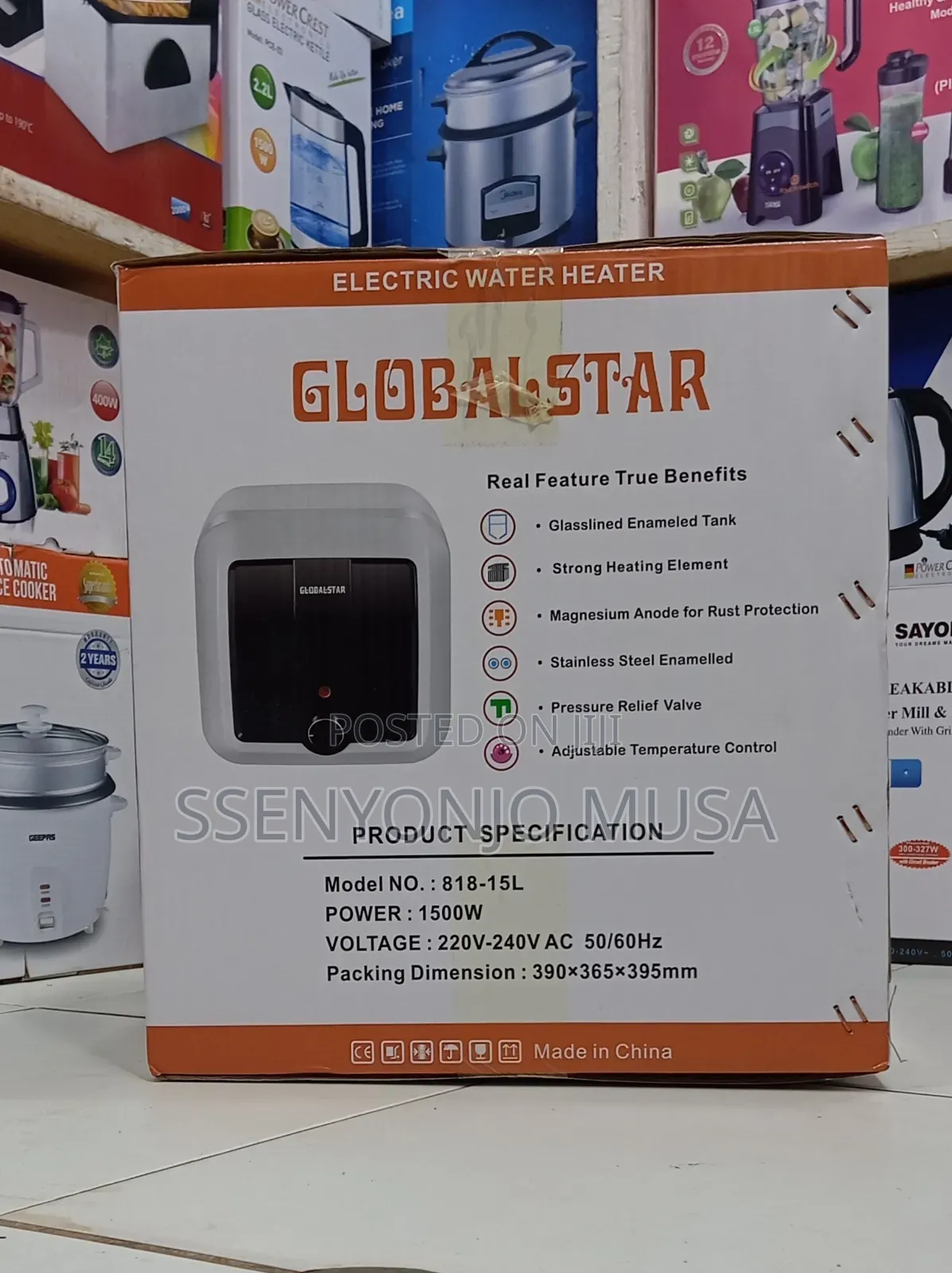 Globalstar 15l Electric Water Heater | 1500w Glasslined Tank