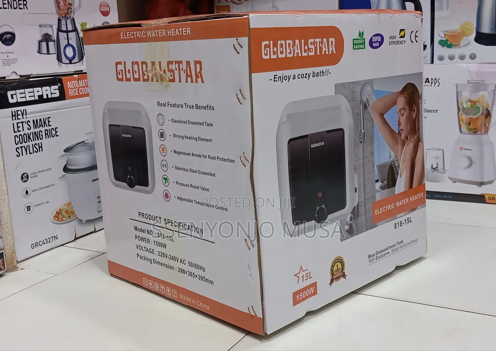 Globalstar 15l Electric Water Heater | 1500w Glasslined Tank