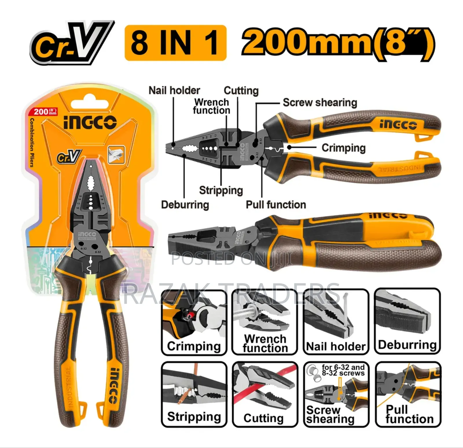 Ingco 8-Inch 8-Function Electrician's Pliers, Light Orange