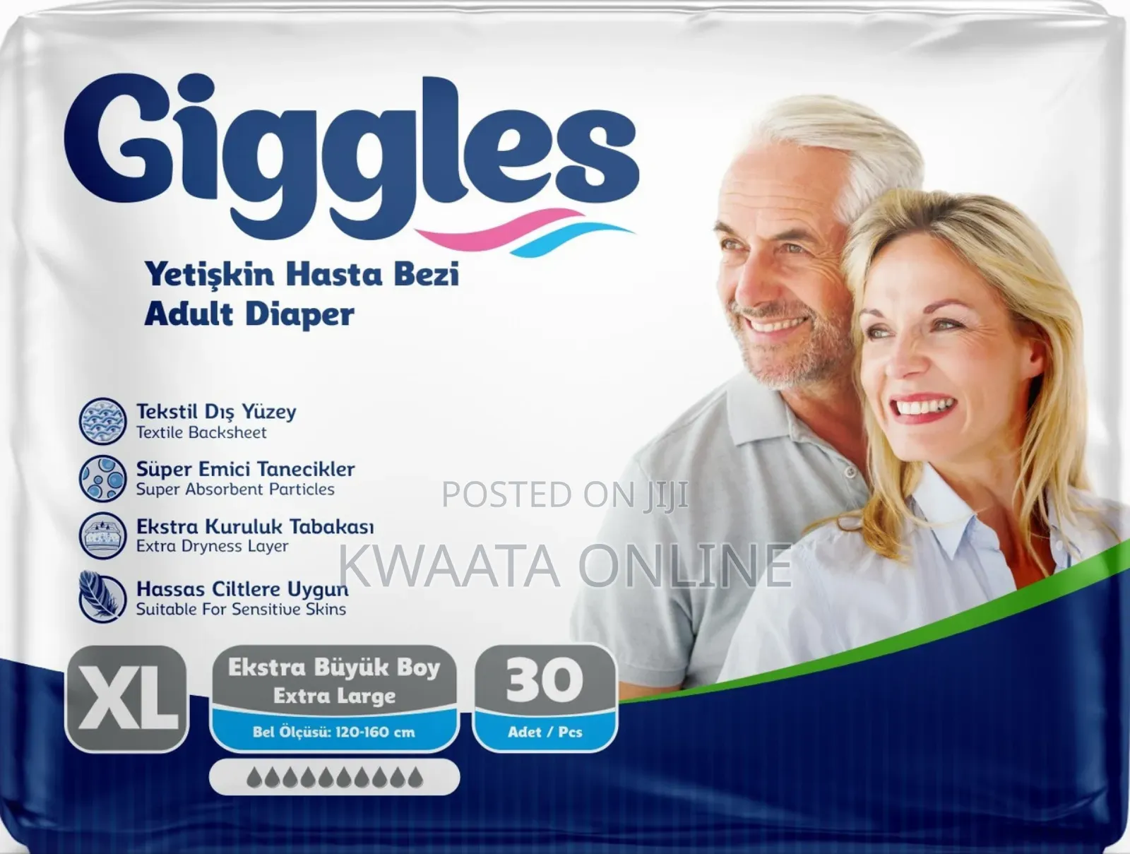 30 Count Giggles Adult Diaper, Sizes( M,L,Xl), Wetness Indicator