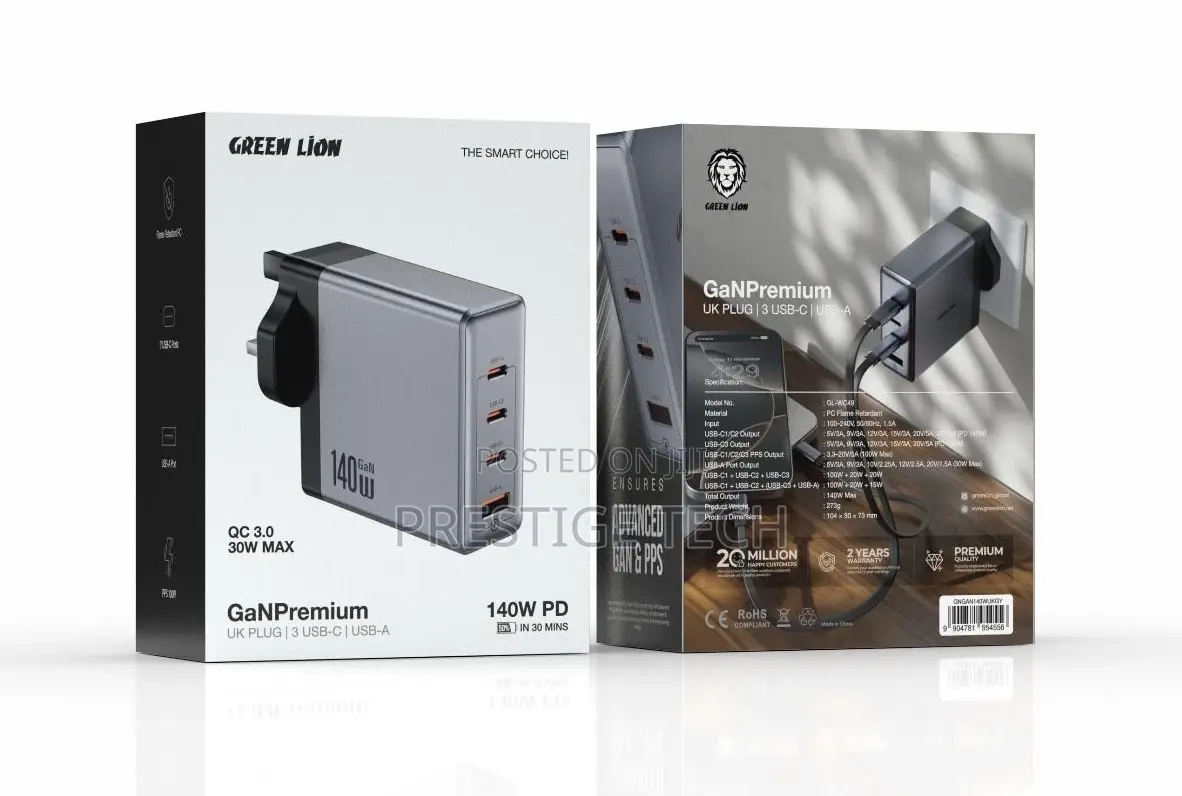 Green Lion Gan Adapter 140w,  4 Ports 3 Pin Charger For Phone & Laptop