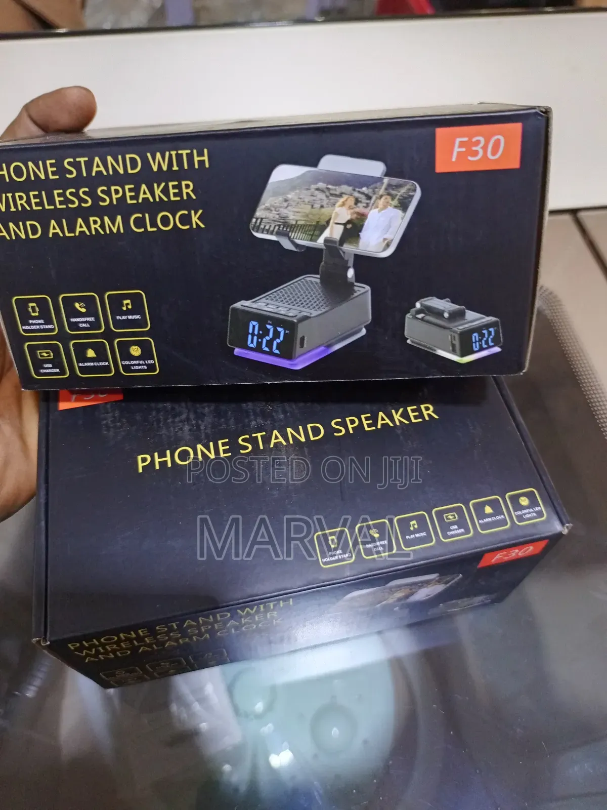 F30 Phone Stand With Wireless Speaker and Alarm Clock.