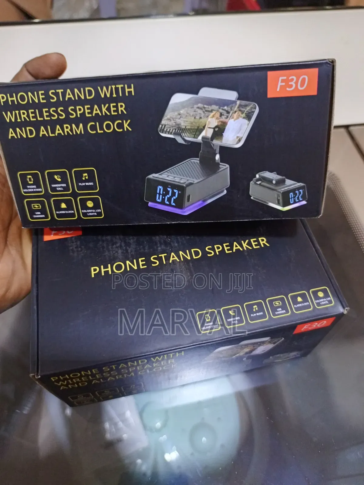 F30 Phone Stand With Wireless Speaker and Alarm Clock.