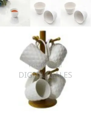 6pc Tea Cups on a Branch Wooden Stand
