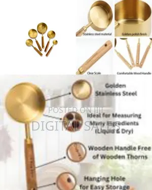 Gold-Plated Metal Measuring Spoon With Wood Handle Liquid and Dry