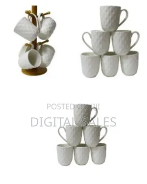 6 Pieces of Tea Coffee Cups Mugs on Wooden Stand