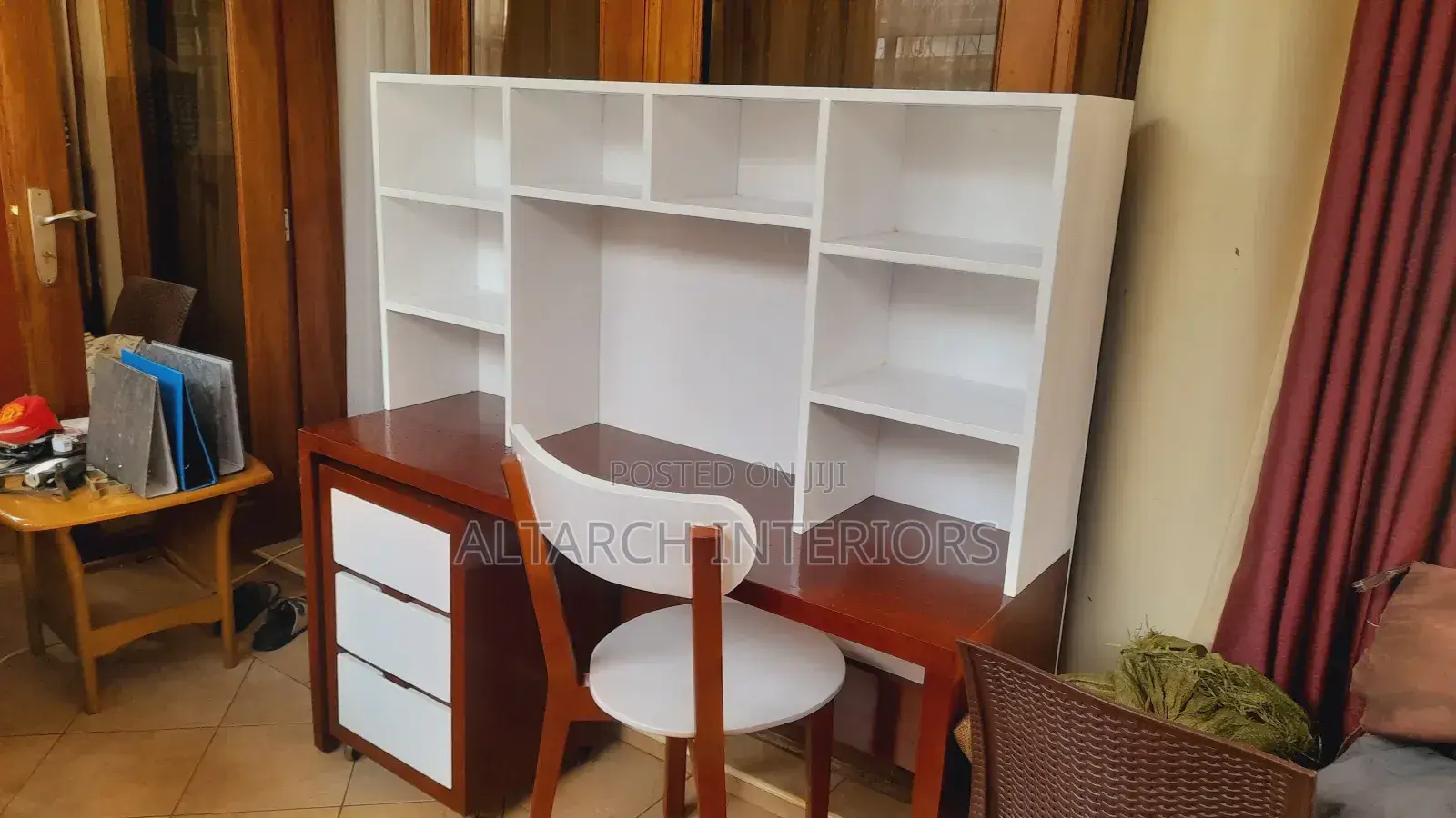 Reading Table in White and Mahogany Color With a Chair