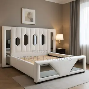 5x6 Mirrored Bed Dressed in White Leather With One Bedside