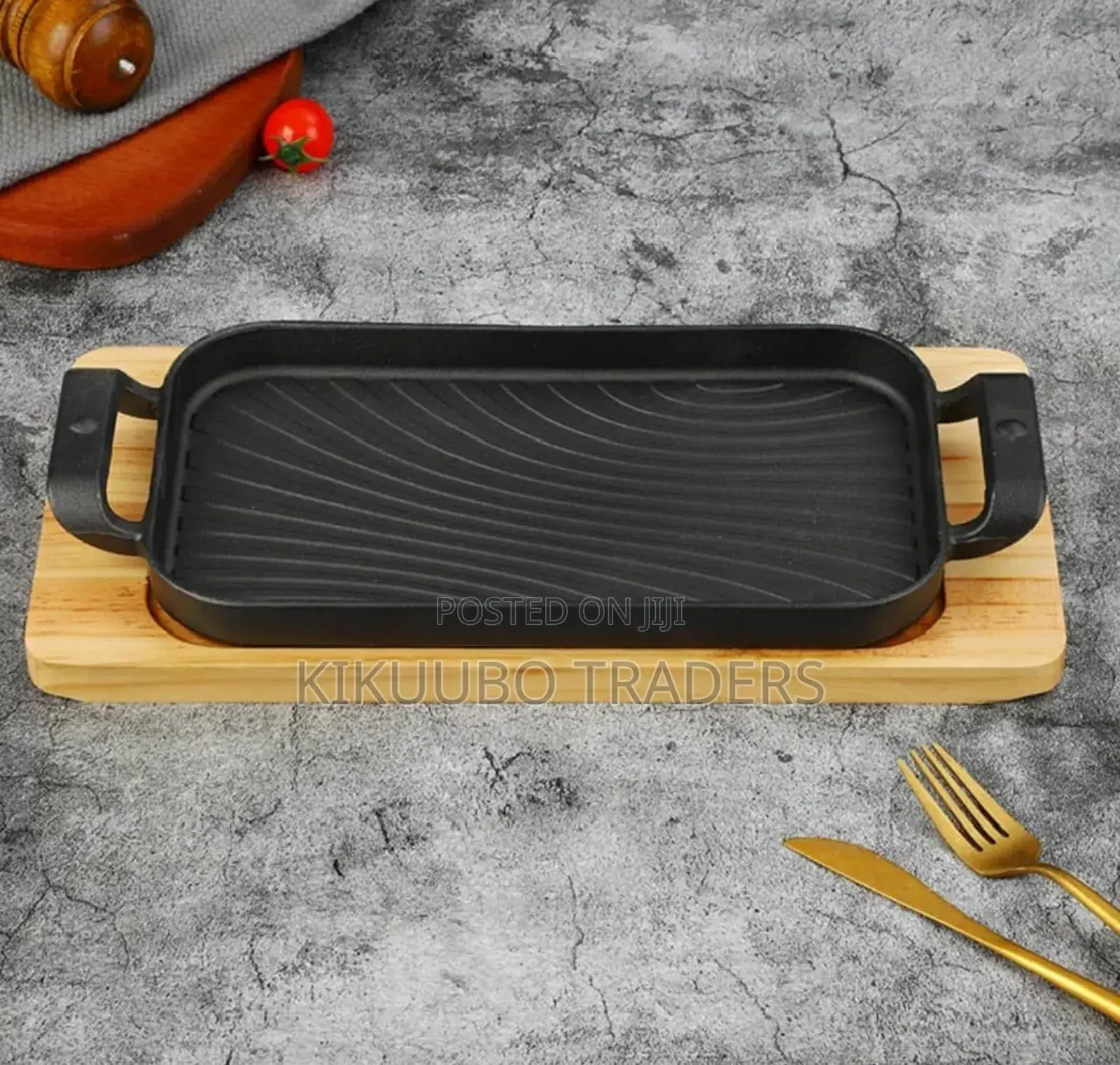 Cast Iron Steak Platter With Wooden Tray