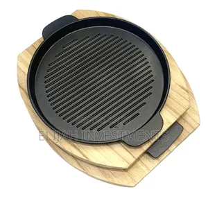 Cast Iron Grill Pan With A Wooden Base