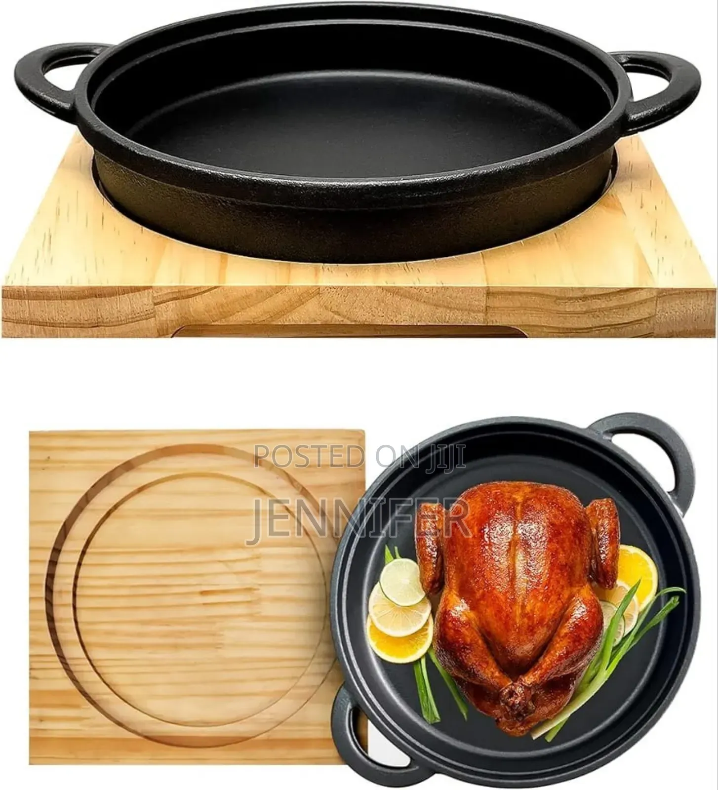 Cast Iron Sizzler Pan With a Wooden Serving Board