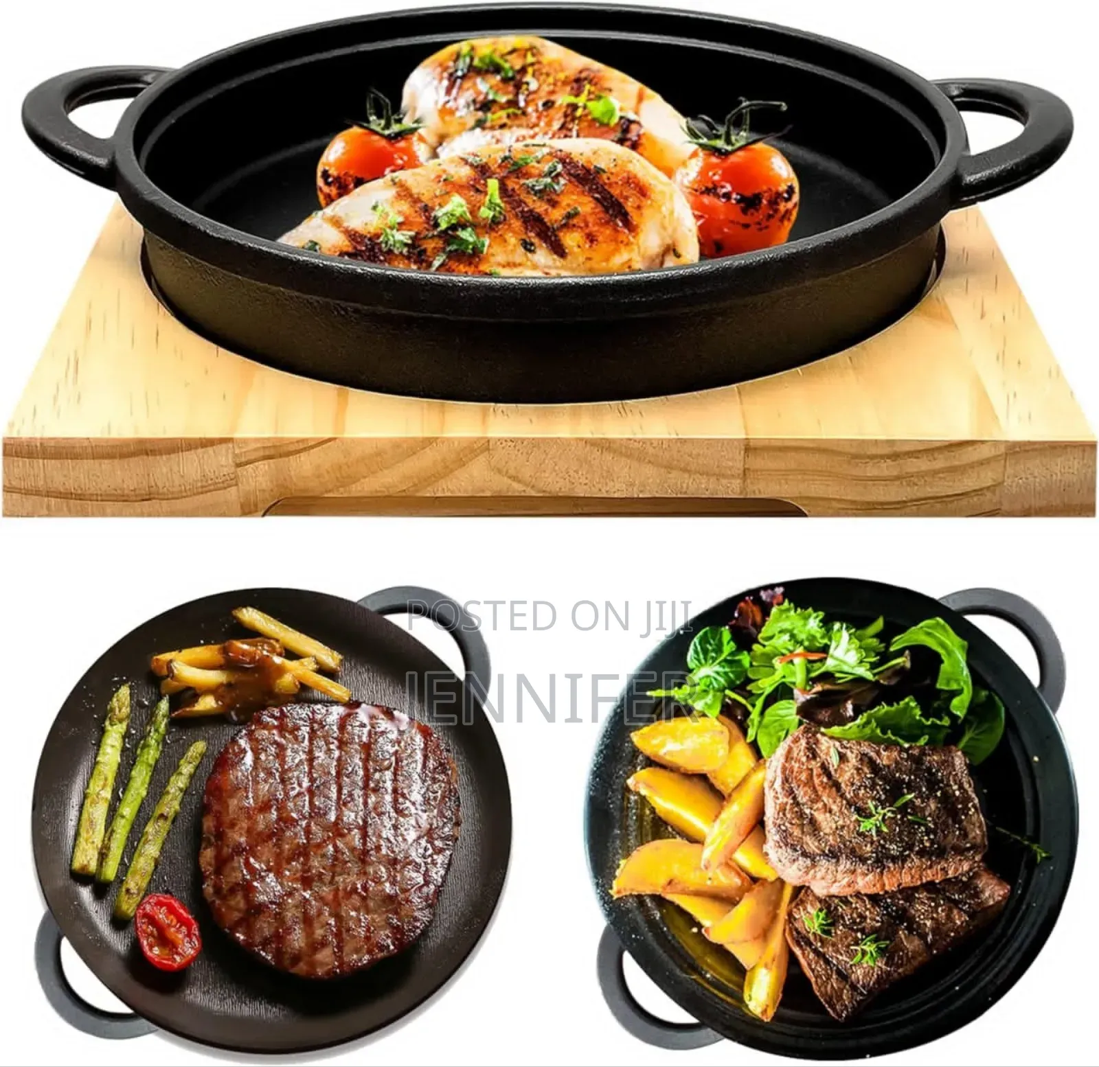 Cast Iron Sizzler Pan With a Wooden Serving Board
