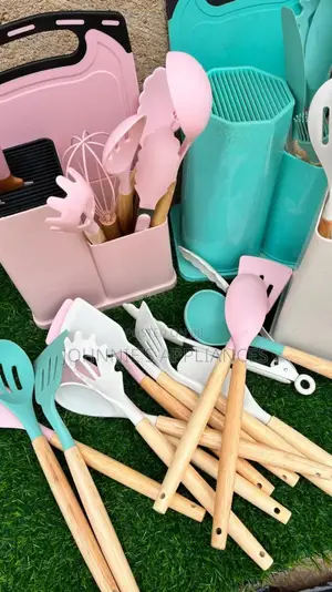 Silicone Kitchen Utensil Set With Wooden Handles and Storage Holder